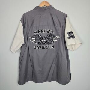 Vintage 2000s‎ Harley-Davidson Mens XL Button Up Shirt Gray White Two-Tone Eagle